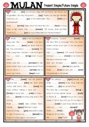 English Worksheet: Fairy Tales/ Stories (22) Mulan - Present and Future Simple