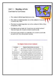 English worksheet: Continental Extremes