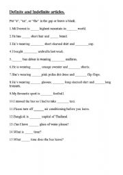 English worksheet: Definite and indefinite articles.