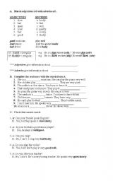 English Worksheet: Adjectives&adverbs, prepositions, object pronouns and Simple present tense