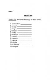 English Worksheet: Prefix Test