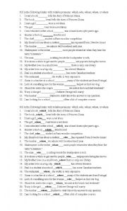 English Worksheet: Relative pronoun worksheet with whom, who, where, which