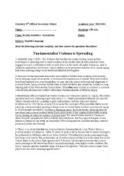 English Worksheet: Fundamentalist Violence is Spreading