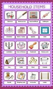 English Worksheet: Household Items Pictionary