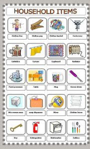 English Worksheet: Household Items Pictionary 