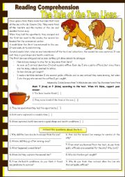 English Worksheet: The Tale of the Two Lions  reading comprehension + past simple [5 different exercises] keys included ((3 pages)) ***editable