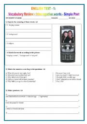 English Worksheet: ENGLISH TEST:VOCABULARY REVIEW, INTERROGATIVE WORDS & SIMPLE PAST