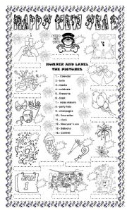 English Worksheet: HAPPY NEW YEAR: NUMBER AND LABEL THE PICTURES, ENJOY IT