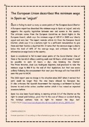 English Worksheet: EUROPEAN UNION DESCRIBES THE MINIMUM WAGE IN SPAIN AS UNJUST