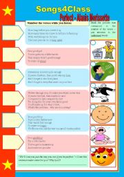 Songs4Class: Perfect  Alanis Morissette + 5 tasks  discussion on love, parents and children relationship, expectations, etc. [lyrics included] ((3 pages)) ***editable