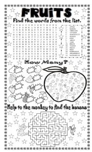 English Worksheet: FRUITS + 3 DIFFERENT EXERCISES