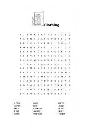 English worksheet: Clothing wordsearch