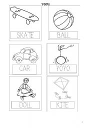 English Worksheet: 6 TOYS FLASHCARDS_SKATE ,BALL, CAR, YOYO, DOLL, KITE