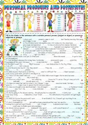 English Worksheet: PERSONAL PRONOUNS (SUBJECT-OBJECT) POSSESSIVE ADJECTIVES AND PRONOUNS (KEY INCLUDED)