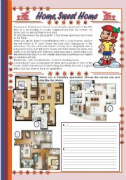 English Worksheet: Home, Sweet Home  comprehension, rooms of a house and prepositions [4 tasks + tasks suggested] ((2 pages)) ***editable