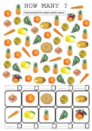 English Worksheet: vegetables and fruit how many are there?