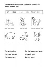 English Worksheet: color the animals and copy