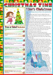 English Worksheet: LISAS CHRISTMAS - READING AND COMPREHENSION ( TWO PAGES) - KEY INCLUDED