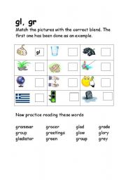 English worksheet: blends gl, gr
