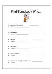 English worksheet: Find Somebody Who