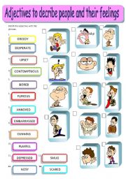 English Worksheet: Adjectives describing people and their feelings - matching, editable