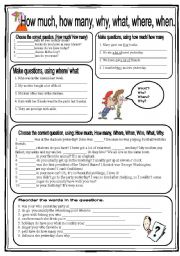 English Worksheet: How much, How many, What, Where, When, Why, Who