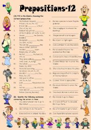 English Worksheet: Exercises on Prepositions-12 (Editable with Key)