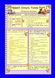 English Worksheet: Present Simple Tense * Part 2 * Affirmative sentences * 3 pages * 10 tasks * with key