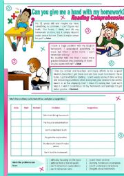 English Worksheet: Can you give me a hand with my homework? � reading comprehension + grammar (should) [4 tasks] ((2 pages)) ***editable