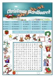 English Worksheet: Christmas Wordsearch (editable-+ key)