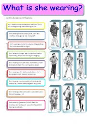 English Worksheet: What is she wearing? Womens clothes matching activity 1/3 