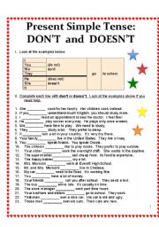 English Worksheet: Present Simple Negatives:  DONT and DOESNT