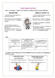 English Worksheet: Giving advice: SHOULD, OUGHT TO, HAD BETTER (2 pages)