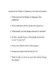 English worksheet: Questions on The Pledge and National Anthem