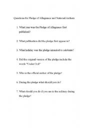 English Worksheet: Questions on The Pledge and National Anthem