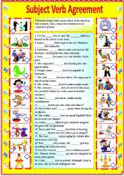 English Worksheet: Subject Verb Agreement (with B/W and answer key) **editable