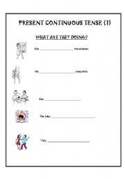 English Worksheet: PRESENT CONTINUOUS TENSE with a pictionary - 1st Part -  Pages 1,2,3