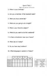 English Worksheet: quick chat
