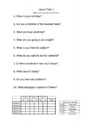 English worksheet: quick chat