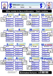 English Worksheet: The who wants to be a millionaire worksheet on daily routine