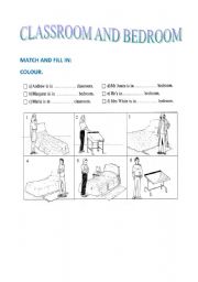 English worksheet: classroom and bedroom