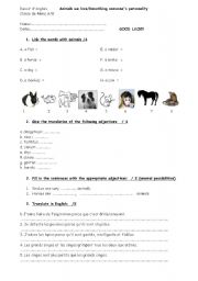 English Worksheet: test about animals pets and adjectives