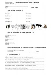 English Worksheet: test about animals pets and adjectives