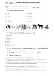 English worksheet: test about animals pets and adjectives