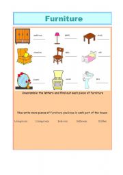 English Worksheet: Furniture unscramble and parts of the house