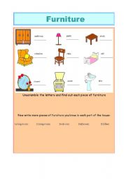 English worksheet: Furniture unscramble and parts of the house