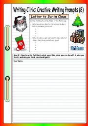 English Worksheet: Writing Clinic: Creative Writing Prompts (8) - Letter to Santa Claus