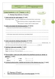 English Worksheet: 2nd year  listening comprehension test (Tunisian curriculum)