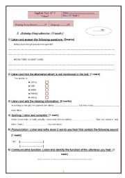 English Worksheet: 3rd year  listening comprehension test (Tunisian curriculum)