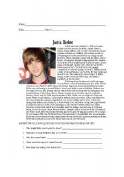 English Worksheet: Justin Bieber reading comprehension